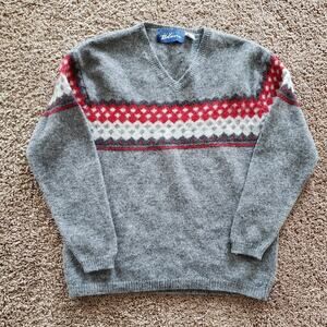 Express Bleus 100% wool vintage fair isle v neck sweater grey red M